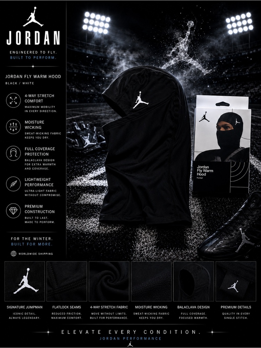 Jordan Fly Warm Hood in Black with White Jumpman